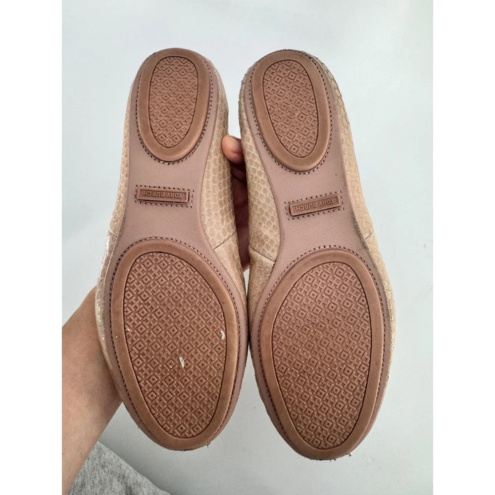 Tory Burch Minnie Travel Ballet Flats Women 6 Beige‎ Snakeskin Embossed Leather